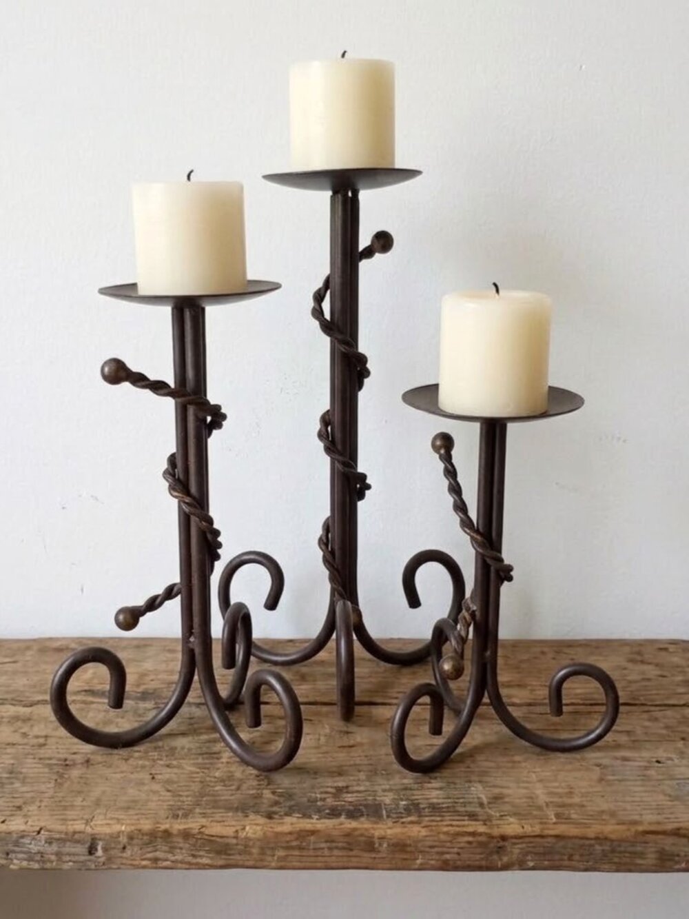 Set of 3 Wrought Iron Pillar Candle Holders Bronze Scroll Brushed Gold Roping
